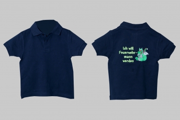 Kinder-Poloshirt blau Ich will Feuerwehrmann werden, Poloshirt für Kinder, Jugendfeuerwehr, Nachwuchsfeuerwehr, Bestickung, Drache,